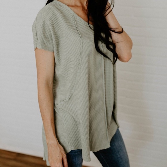 Tops - Green High Low Oversized Waffle Knit Tee